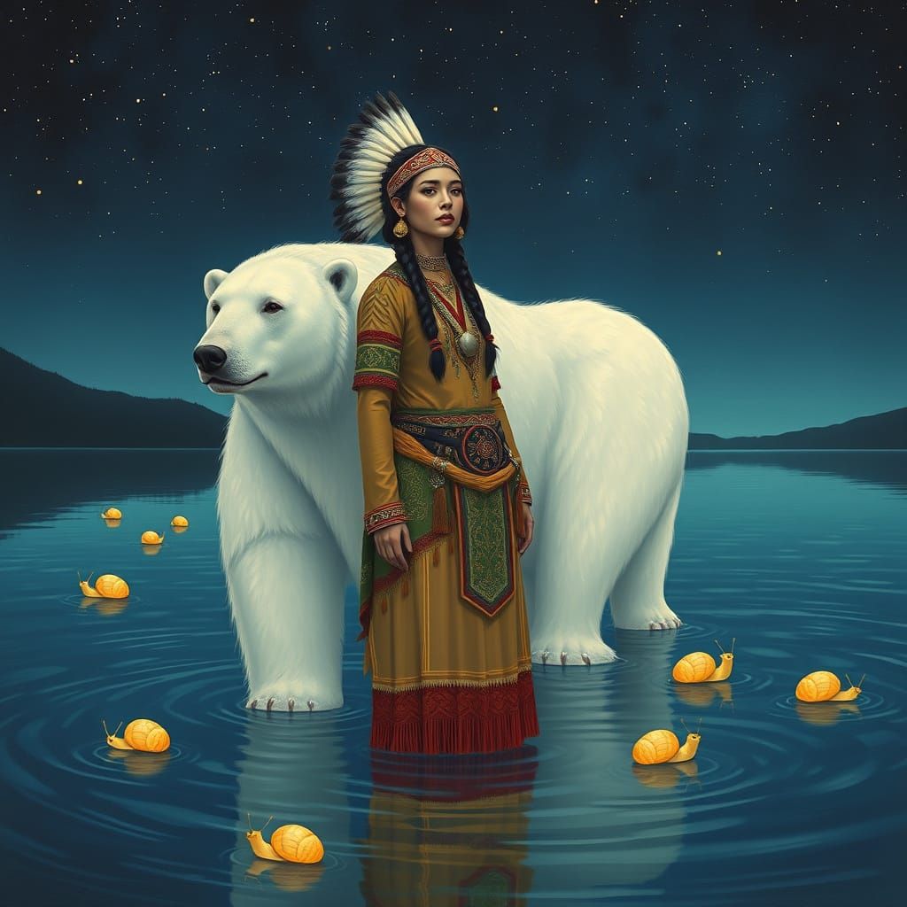 Native American Woman and White Bear by Lake