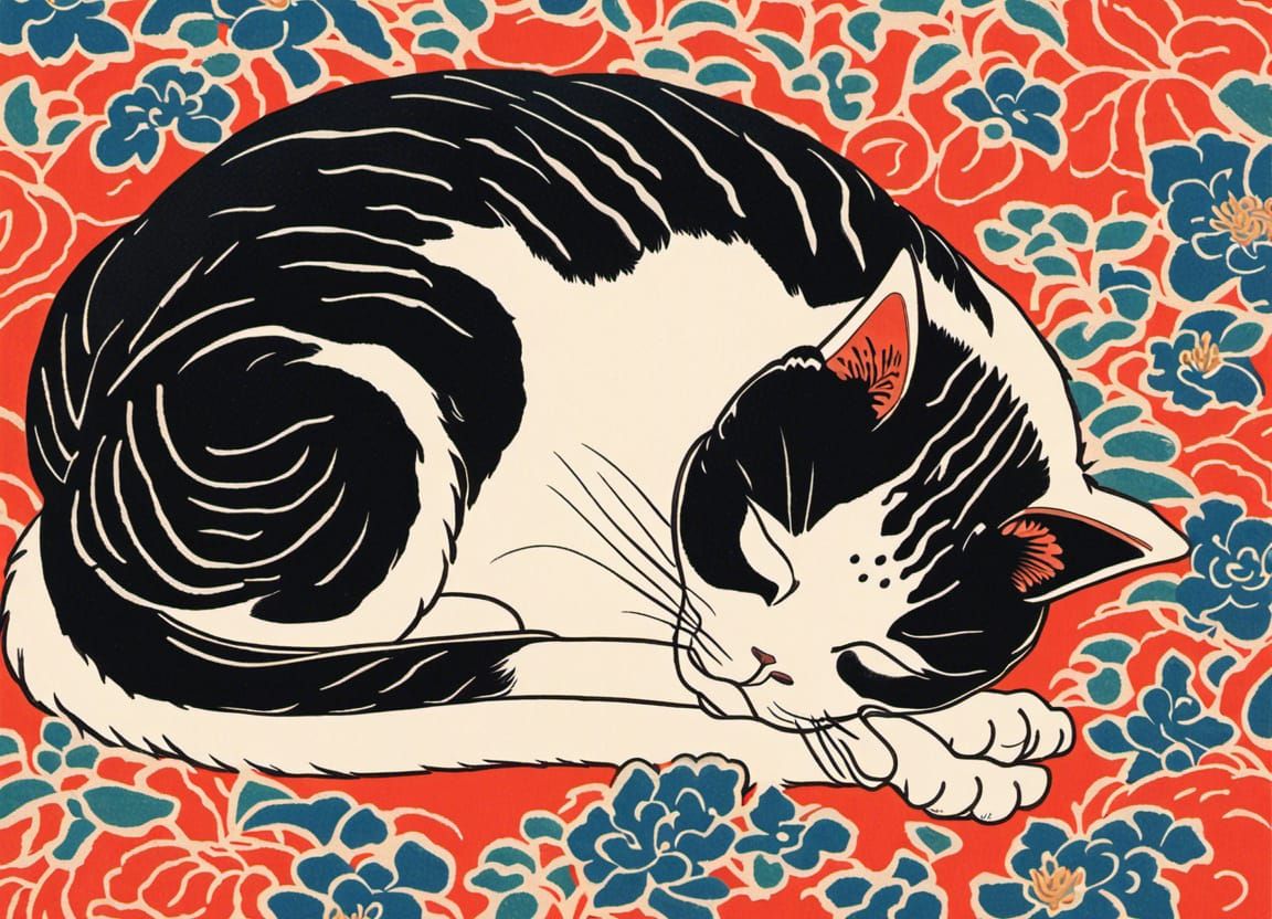 Sleeping Cat in Traditional Japanese Art Style