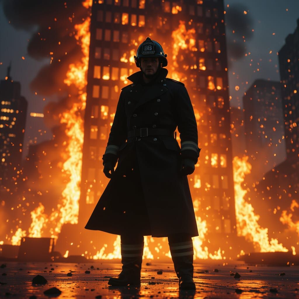 Firefighter Silhouette Against Inferno in Cinematic Style