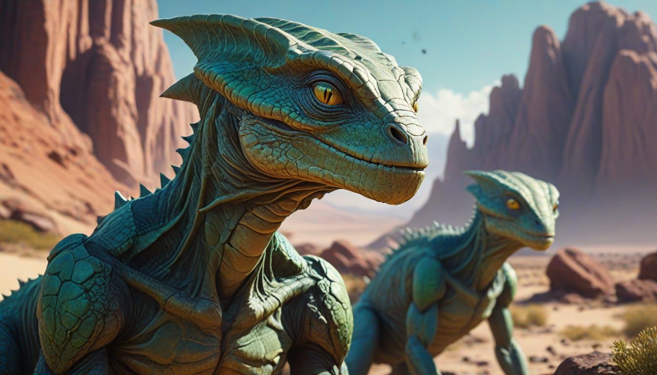 Detailed Sci-Fi Concept Art of Iridescent Reptilian Aliens