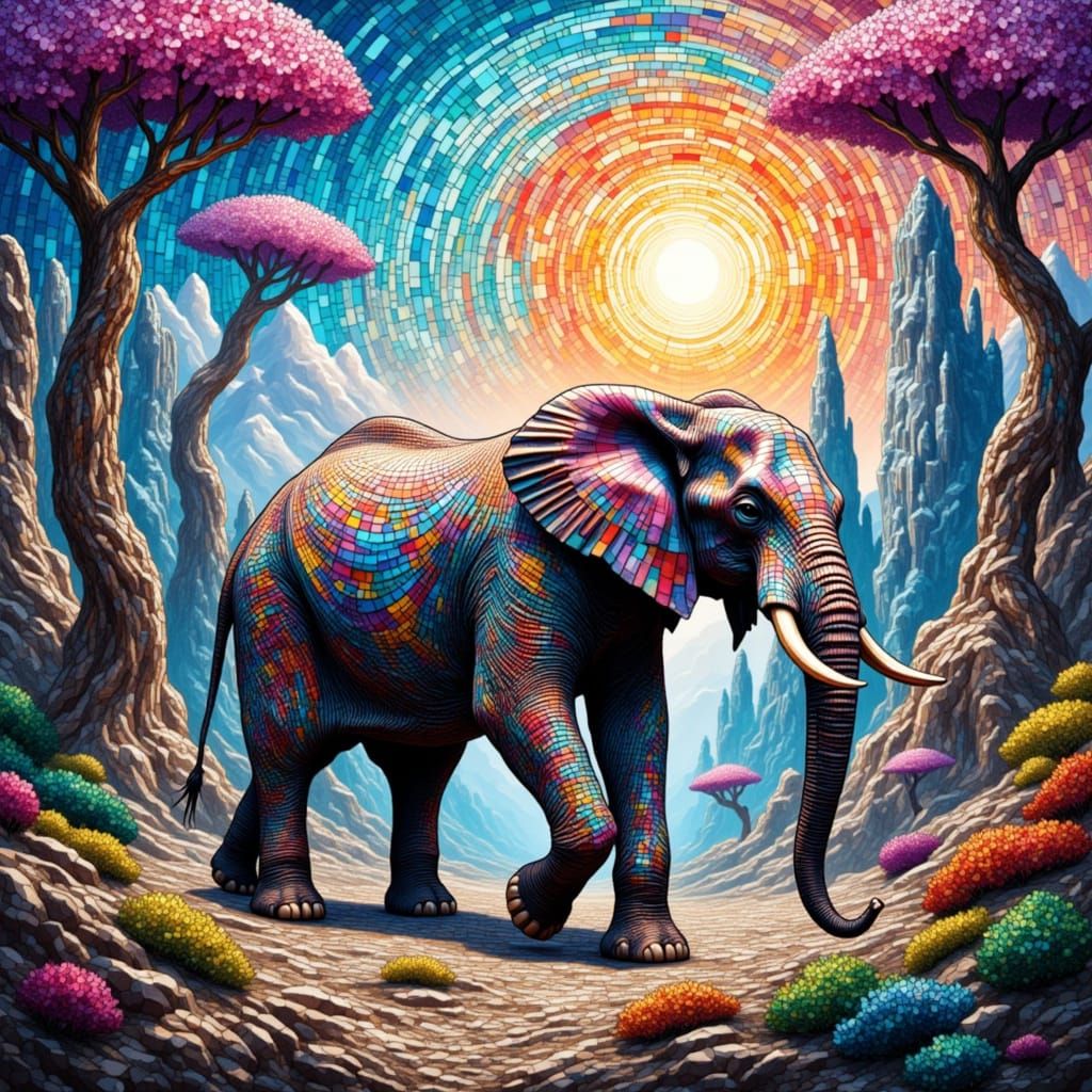 Majestic Stained Glass Elephant in Dreamlike Landscape