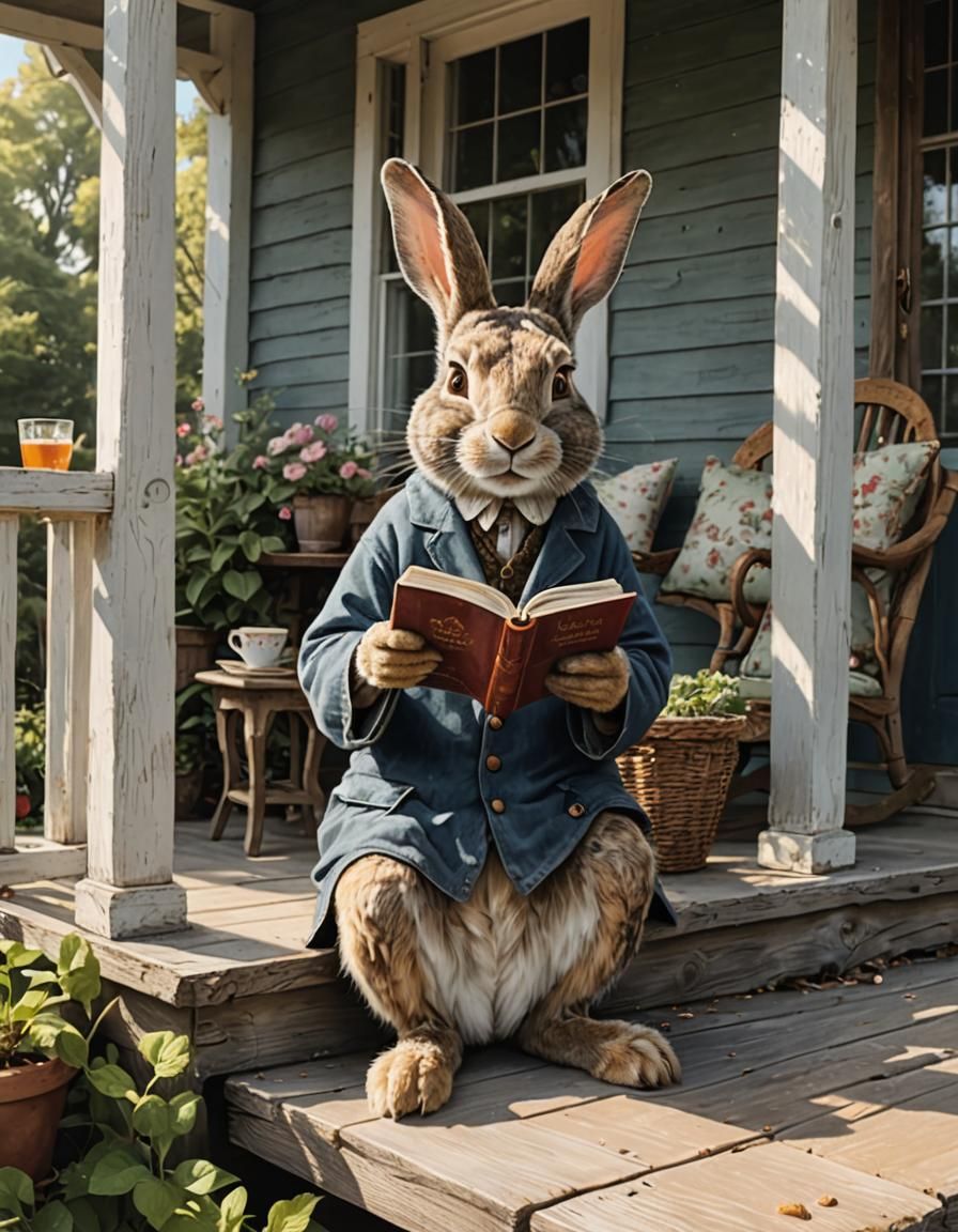 Wise Old Rabbit Reads on Porch
