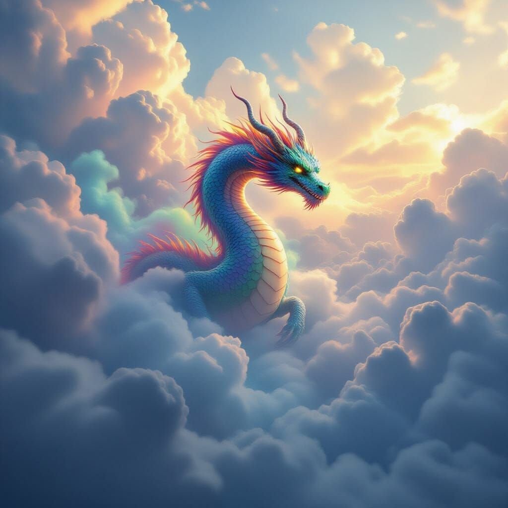 Rainbow Mist Dragon Emerges From Dramatic Clouds