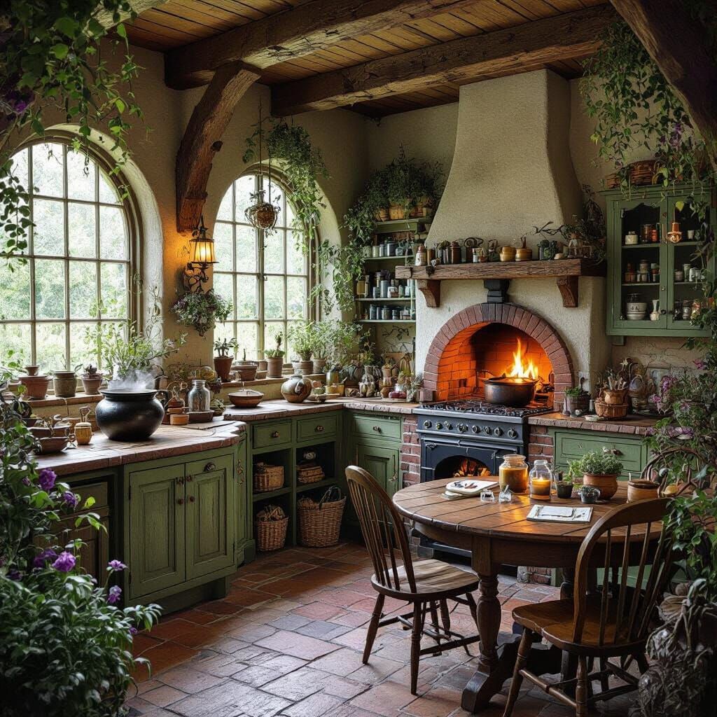 Cozy Witch Cottage with Cauldron and Herbs