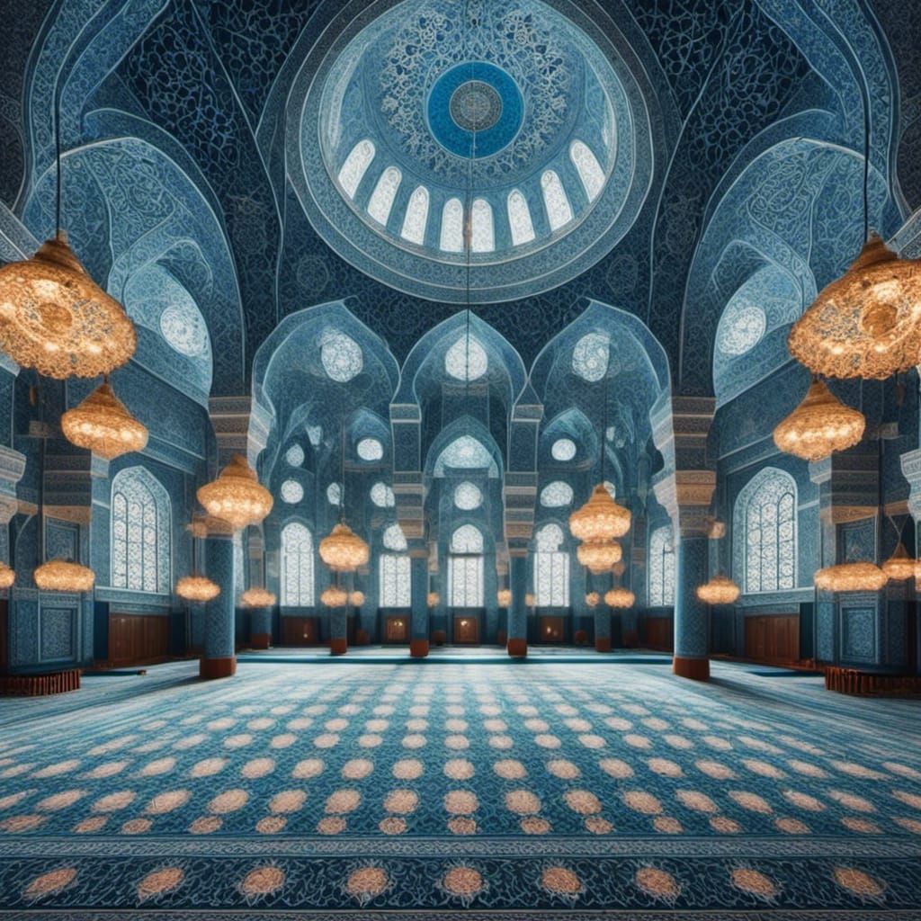 Indo-Islamic Mosque Interior in Deep Indigo Hues