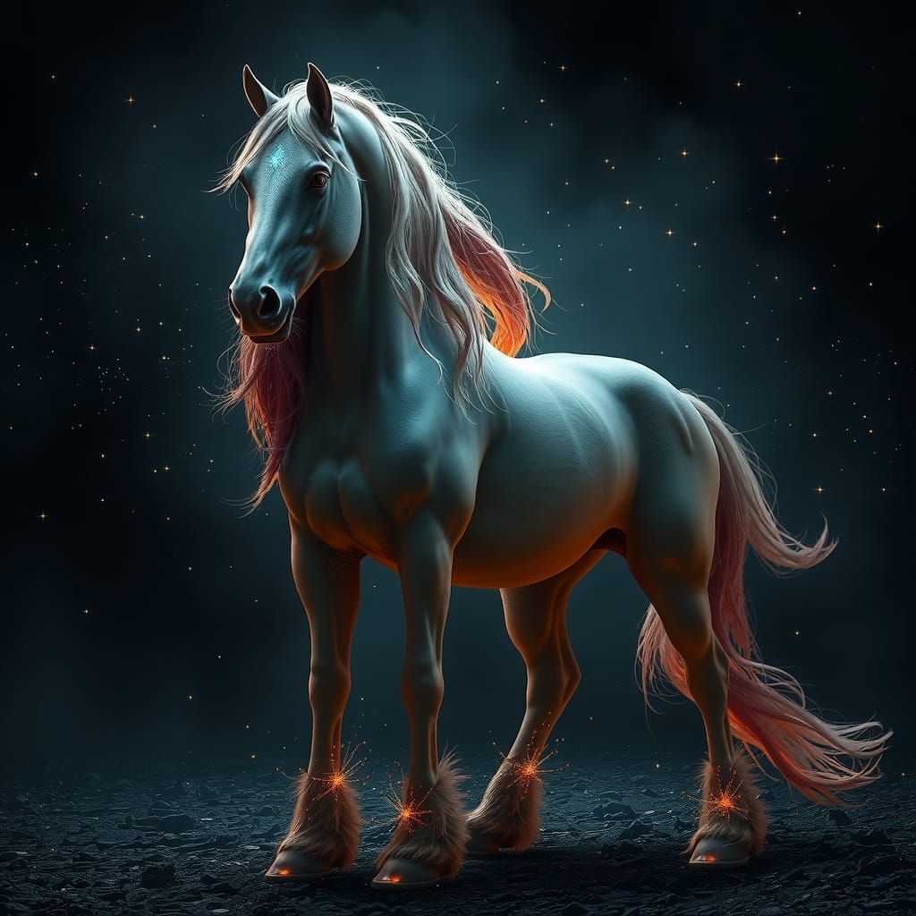 Majestic Stallion Under Celestial Glow in Dark, Starry Night