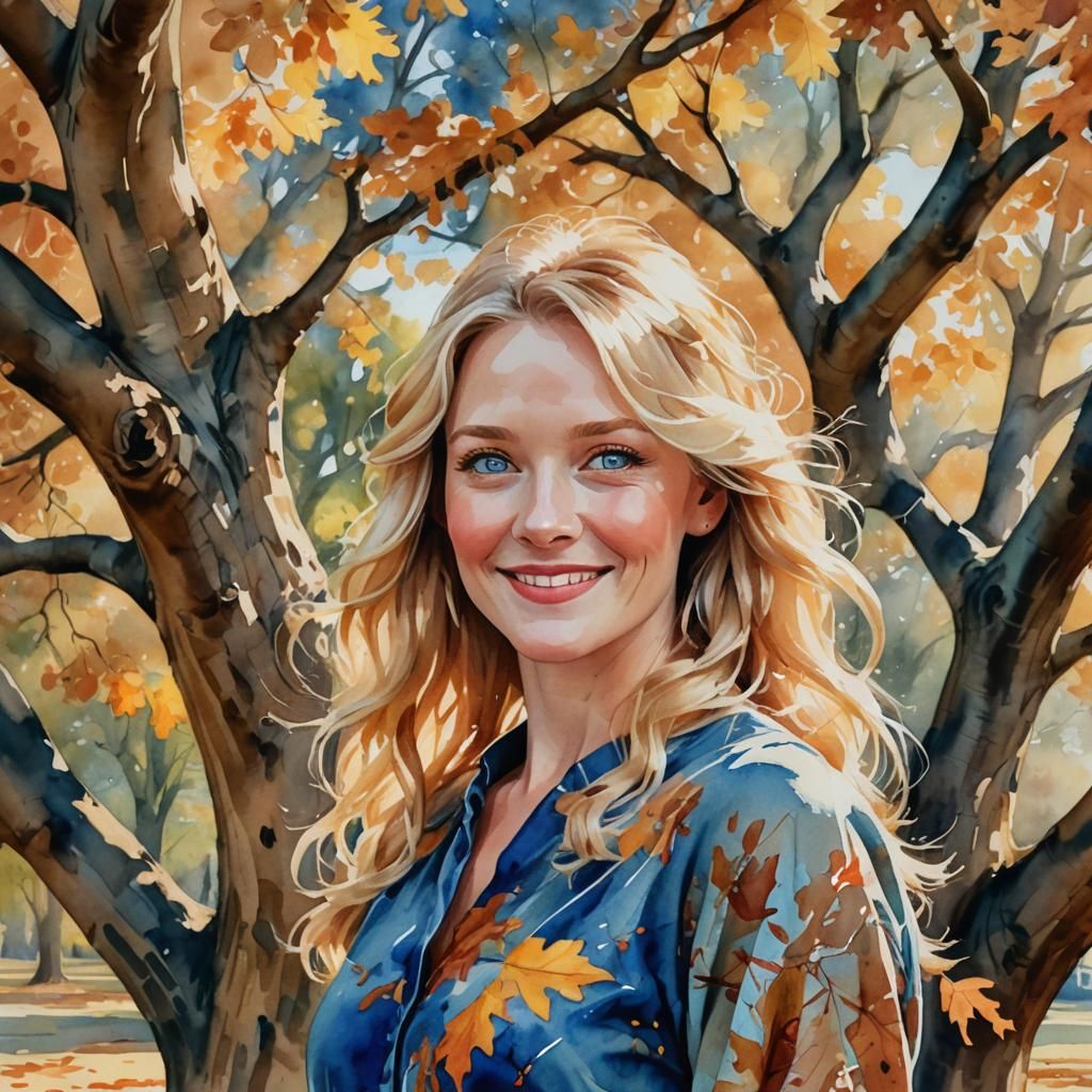 Woman Smiling Under Autumn Oak in Vibrant Watercolor Style