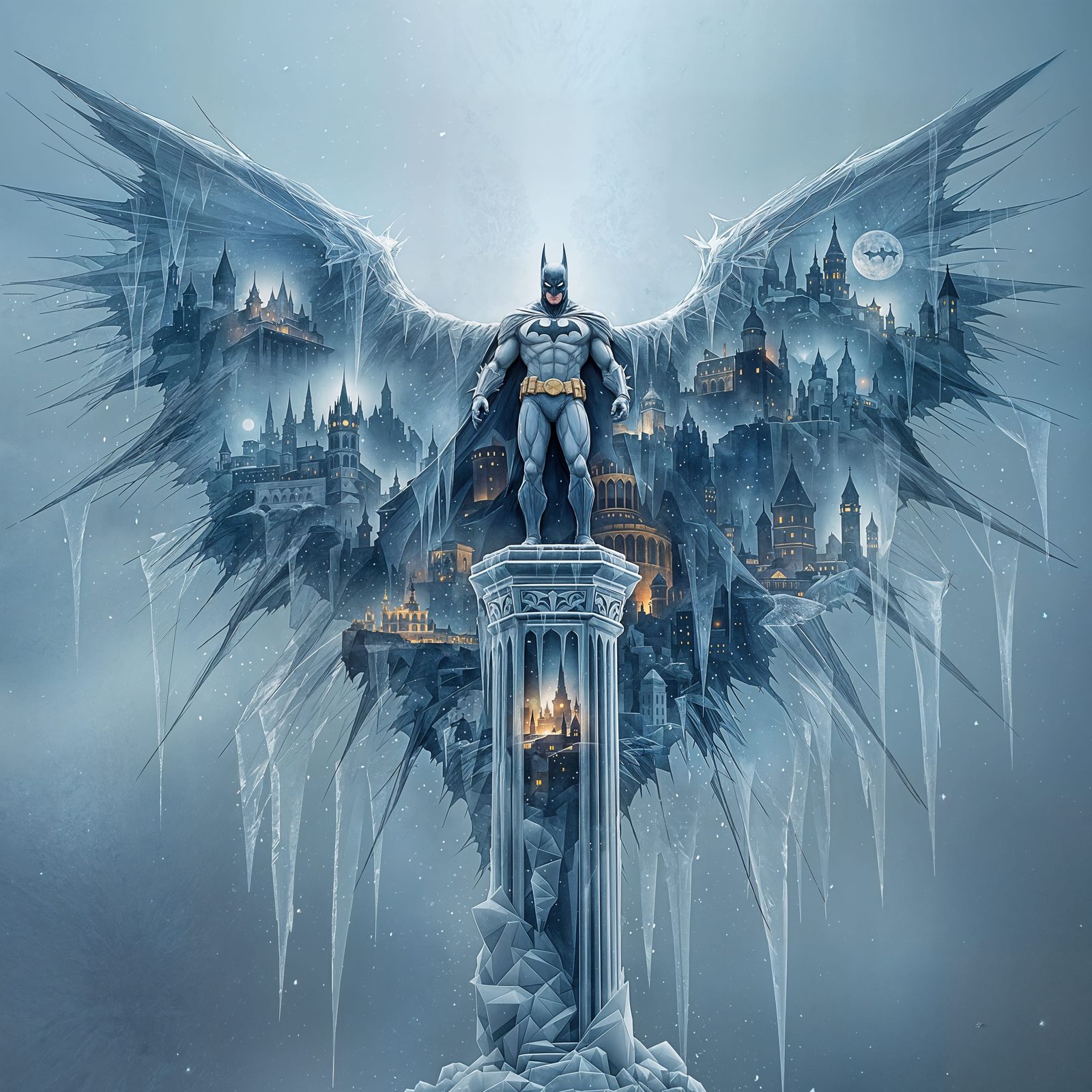 Ethereal Double Exposure of Frozen Batman in Multilayered Da...