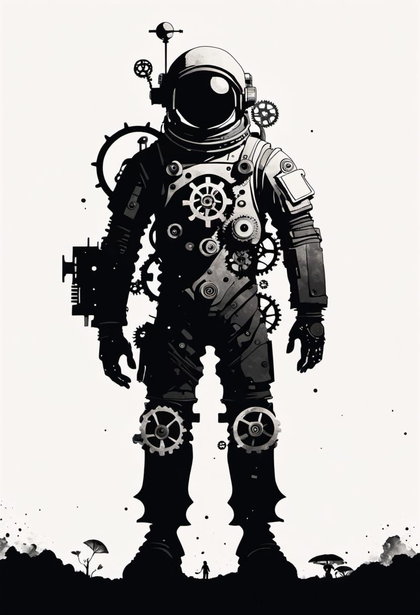 Clockwork Astronaut Dissolving into Gears: Sumi-e Painting