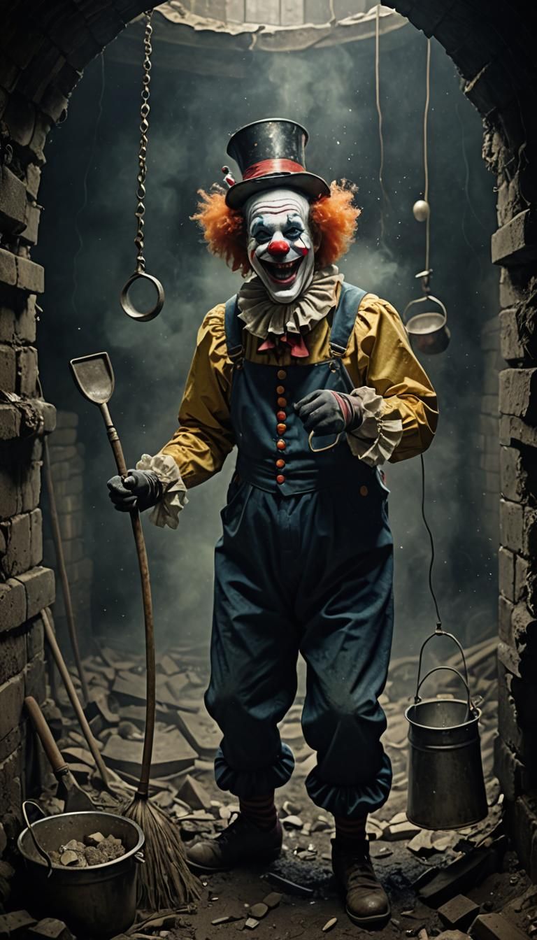 Victorian Clown Laughing in Abyss: Hyper-Detailed Portrait