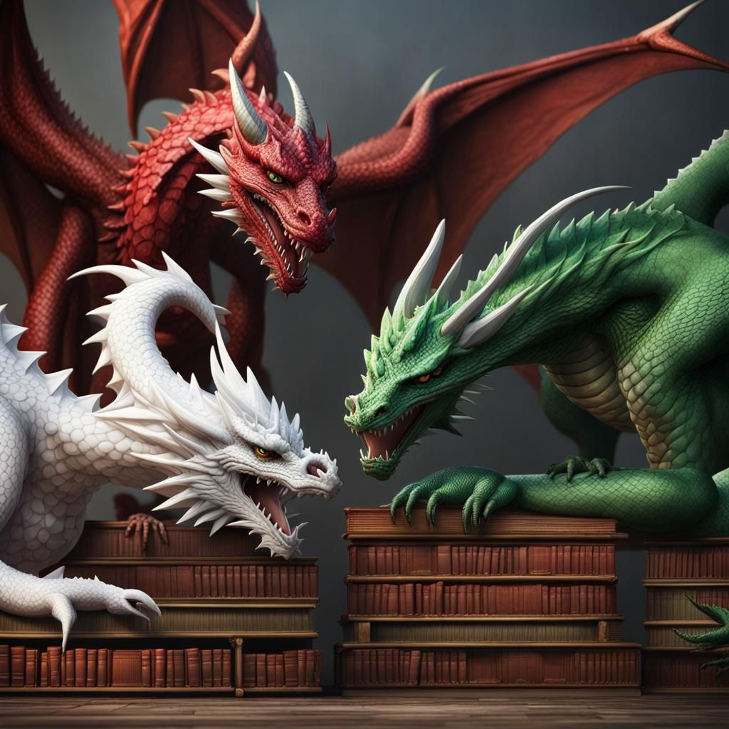 Dragons Reading Books in Detailed Digital Painting