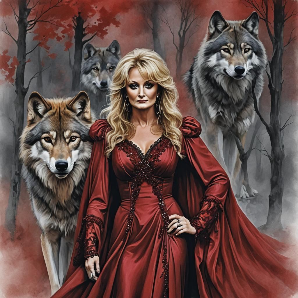 Digital Art of Bonnie Tyler in a Red Gown with a Wolf