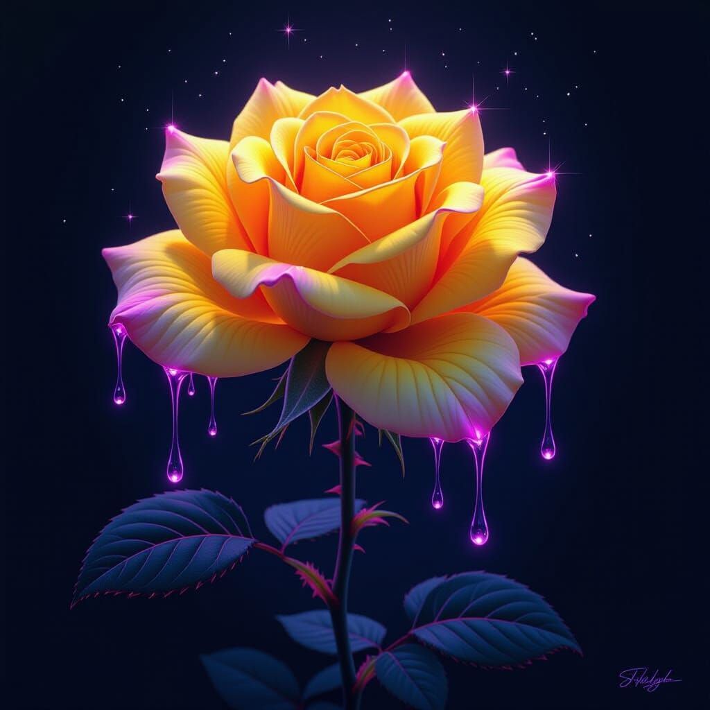 Yellow Rose with Glowing Veins Drips Purple Liquid