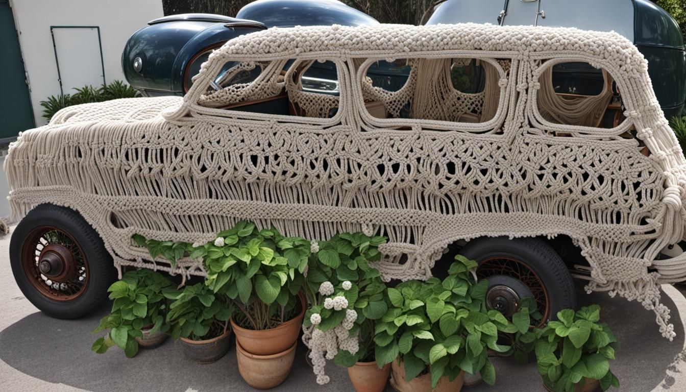 Vintage Macrame Wrapped Car in Desert Landscape