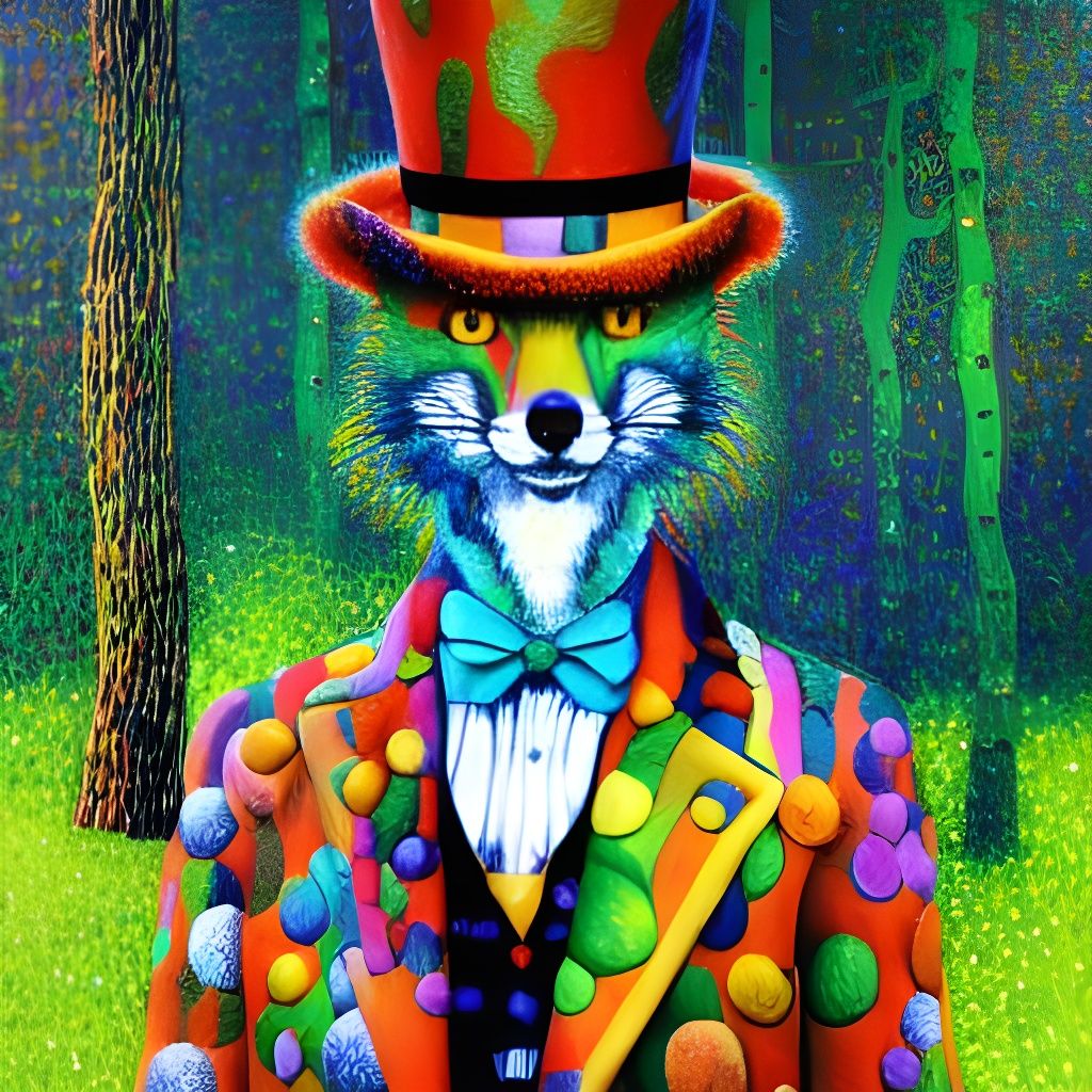 Vibrant Pointillism of Fox Gentleman in Whimsical Forest Rea...