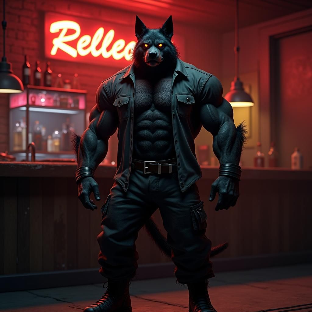 Gritty Hellhound Bounty Hunter in a Dark Dive Bar