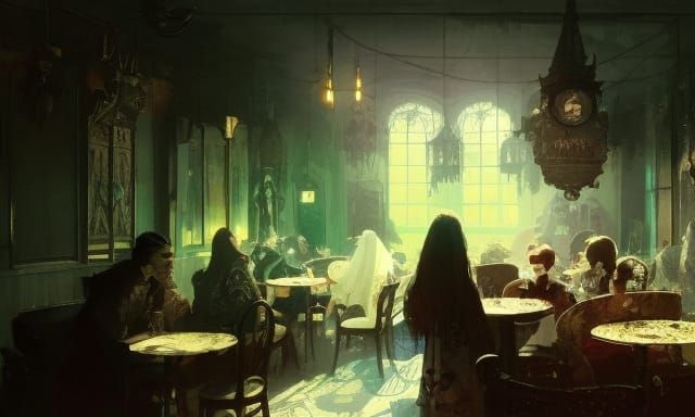 Surreal Haunted Cafe in Dark Cinematic Style
