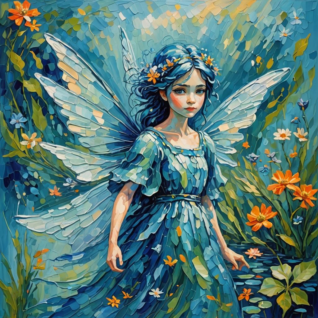 Whimsical Blue Water Fairy in Neo-Impressionist Oil Painting