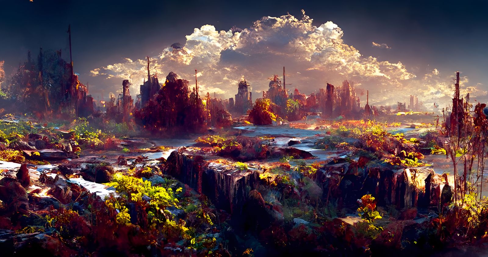 Post-Apocalyptic Manhattan Ruins in Cyberpunk Aesthetic