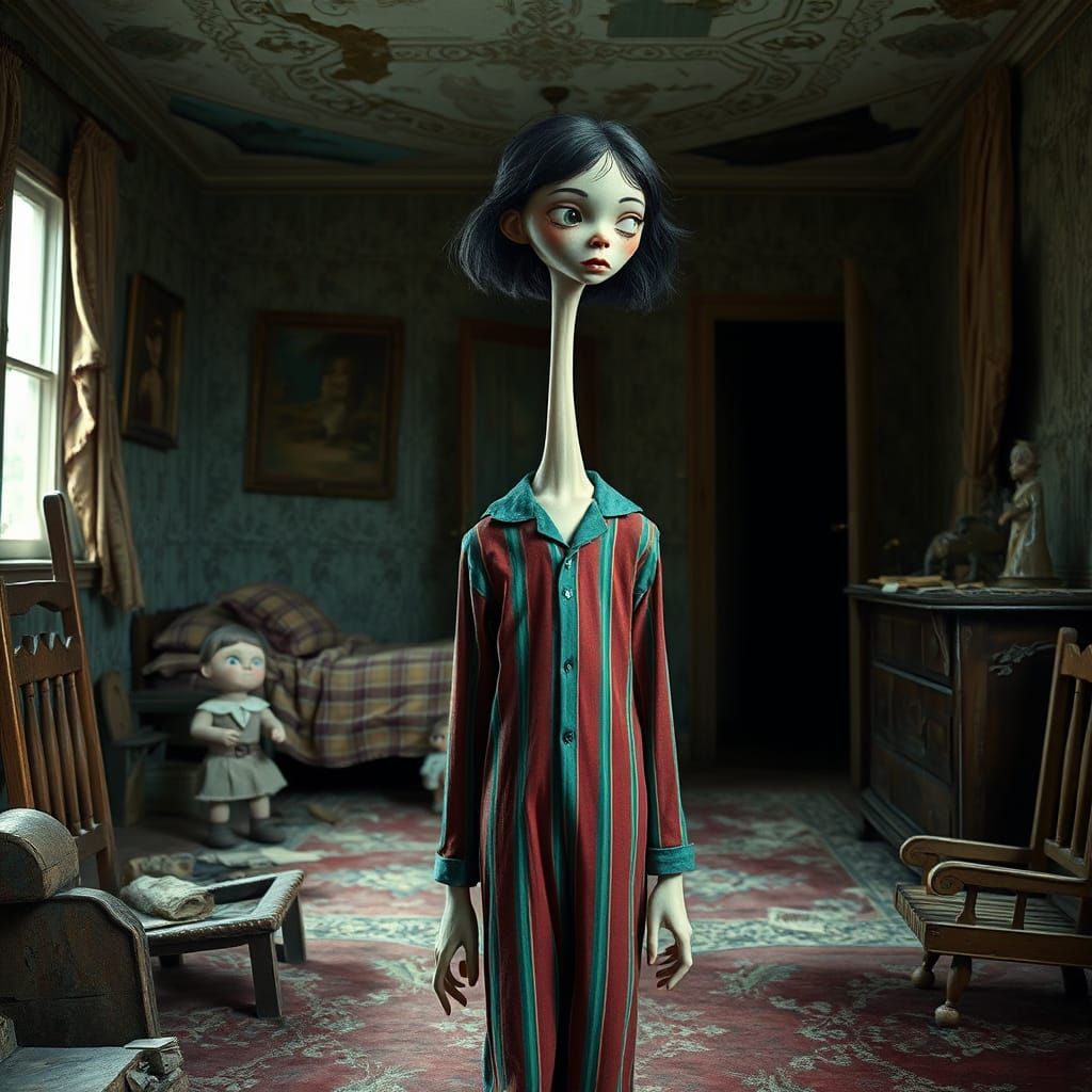 Girl in Distressed Pajamas, Whimsical, Tim Burton-Inspired