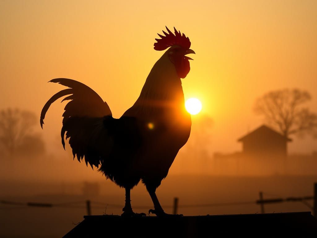 Rustic Morning Sunrise with Cockerel Silhouette