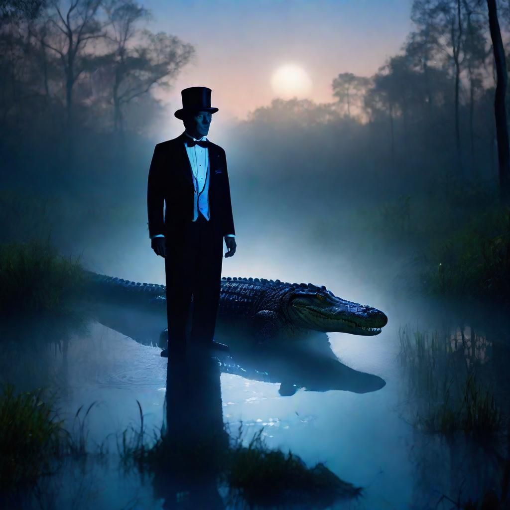 Tuxedo-Clad Alligator Shines Under Starry Swamp Sky