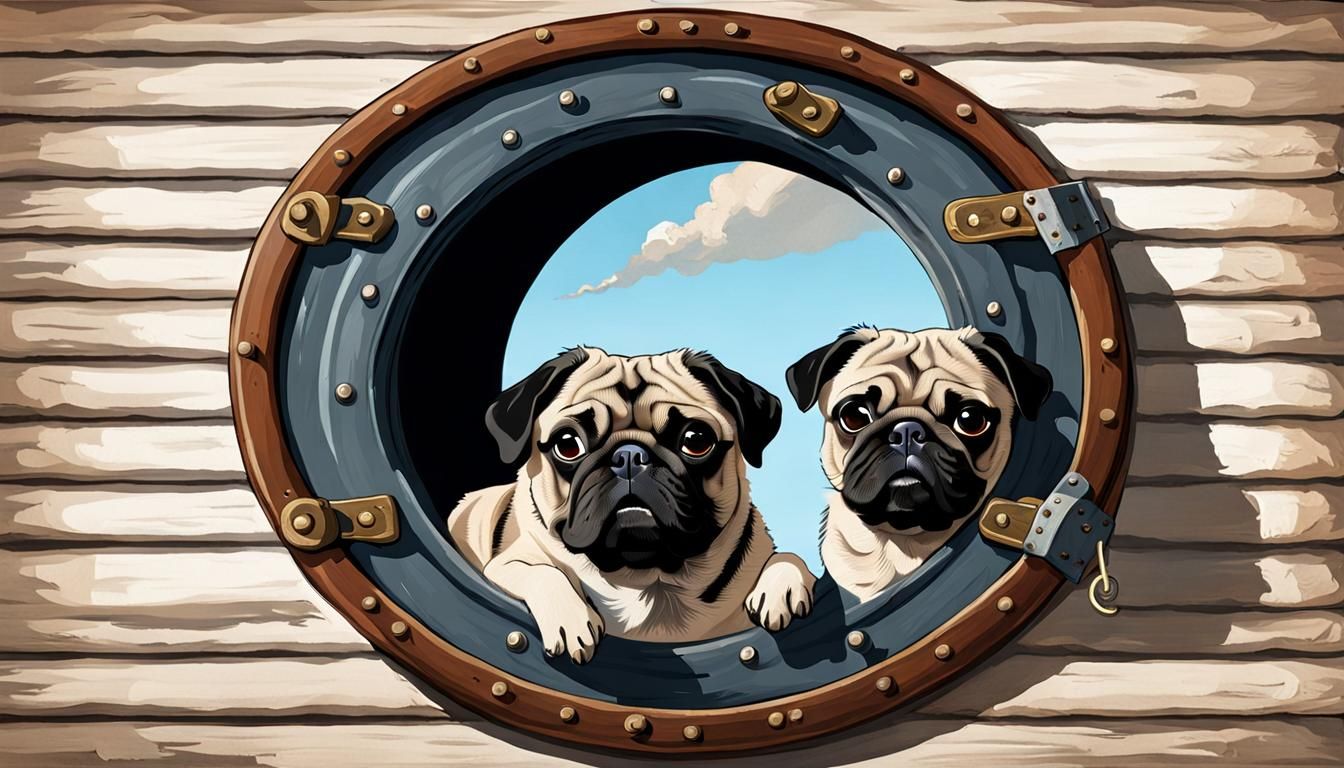 Pugs Gaze Out of Steampunk Ship's Porthole