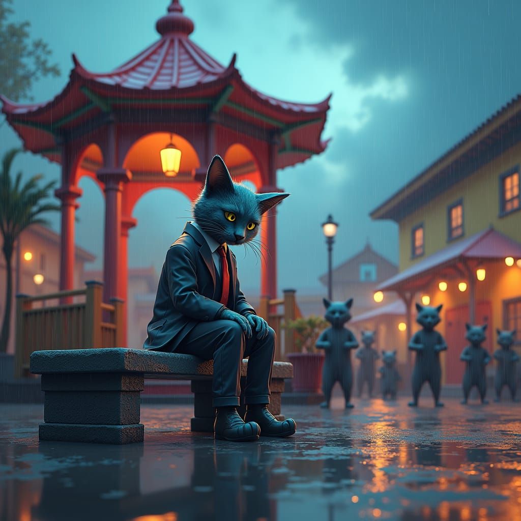 Sad Feline Student Tormented by Classmates in Whimsical Rain...