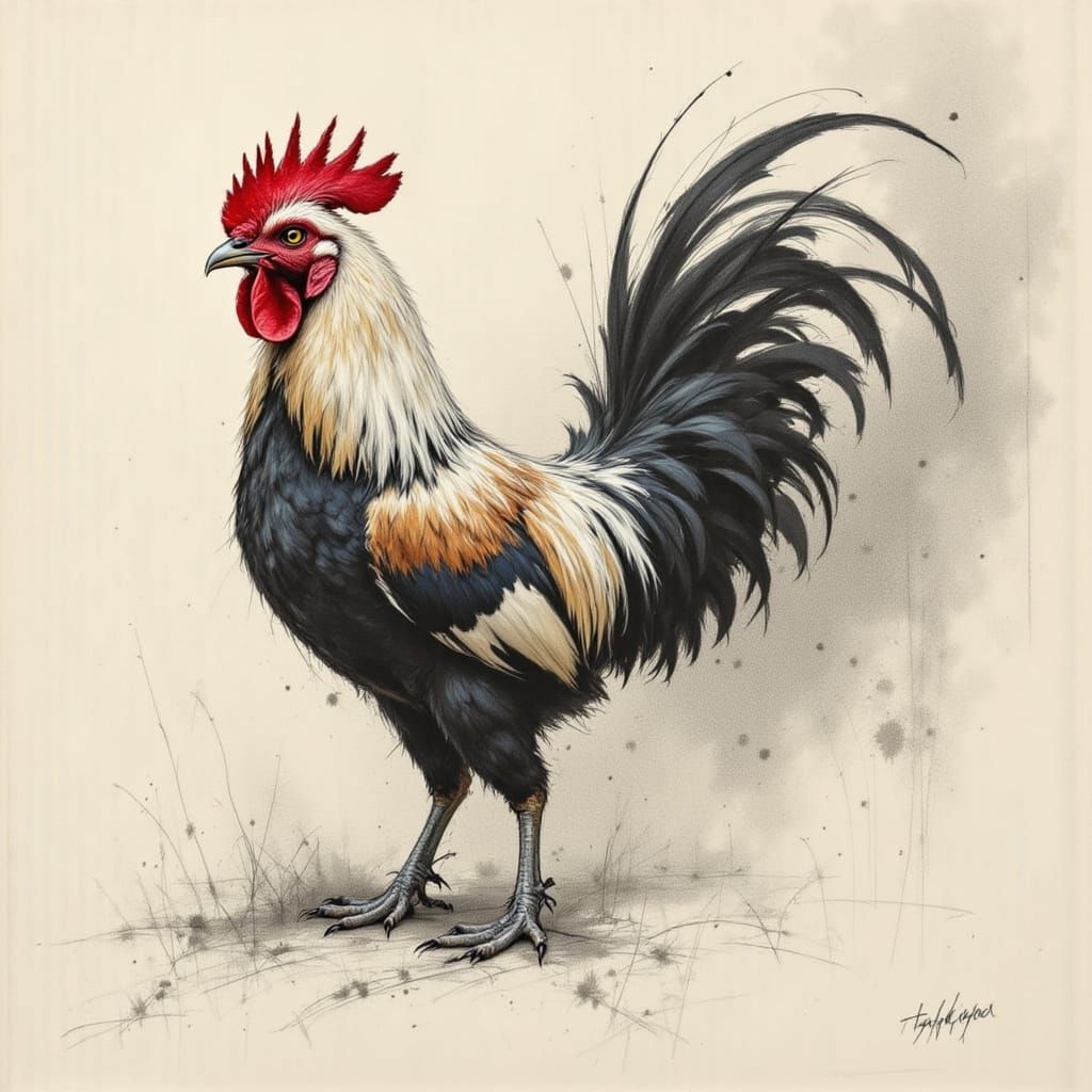 Steampunk Rooster in Charcoal Sketch Style