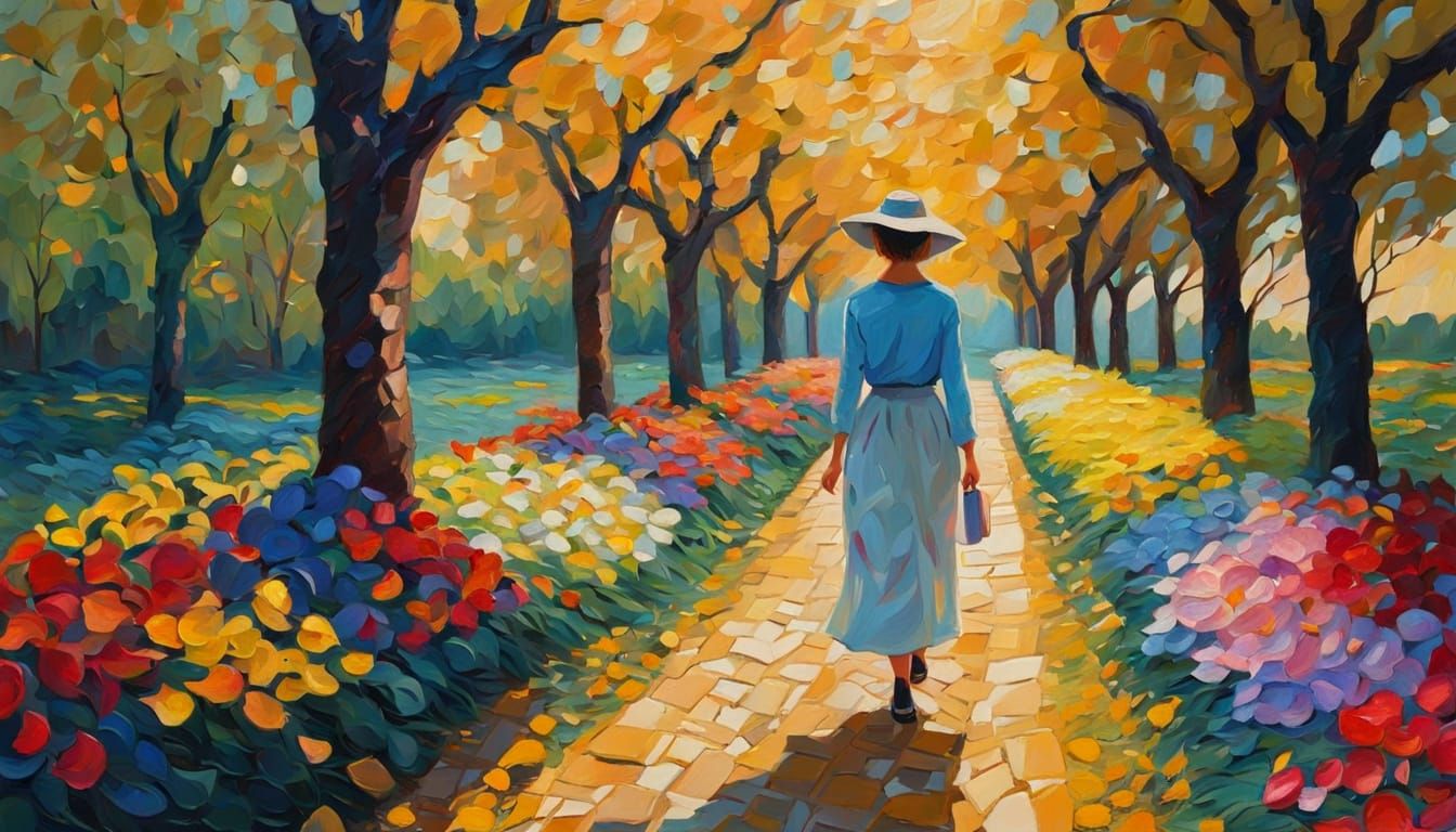 Woman in Forgotten Garden: Neo-Impressionist Oil Painting