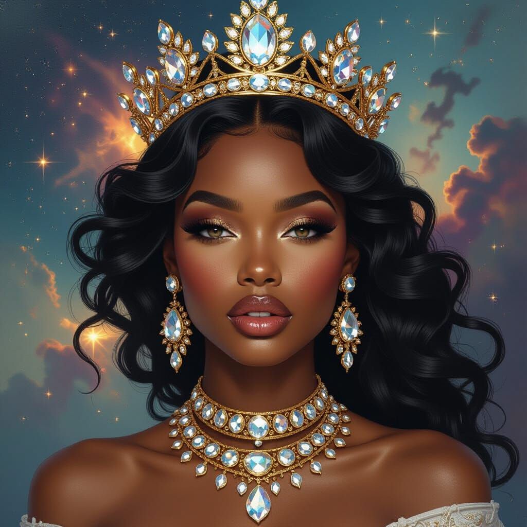 Celestial Black Woman in Vogue Style with Crystal Crown