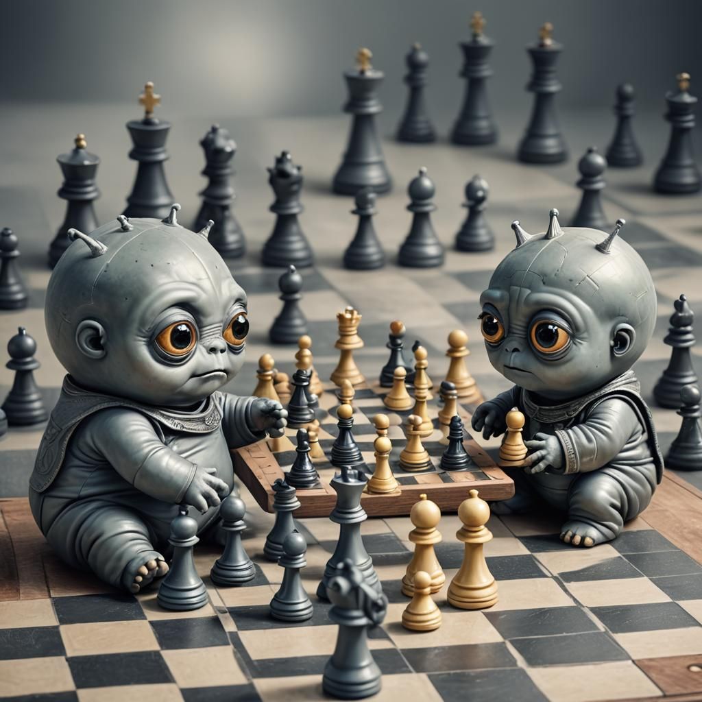 Chubby Aliens Play Chess with Human Pieces in Color