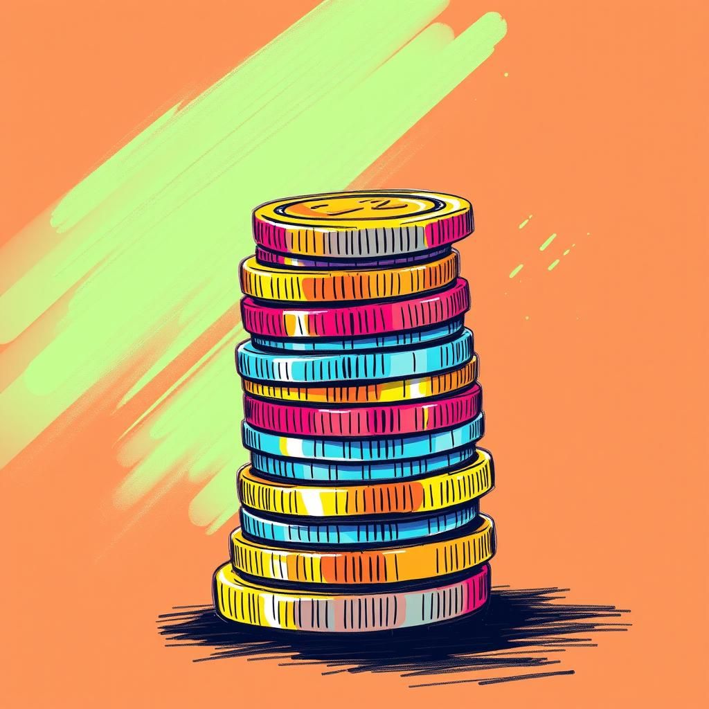 Colorful Stack of Wobbly Coins in Bold Lines