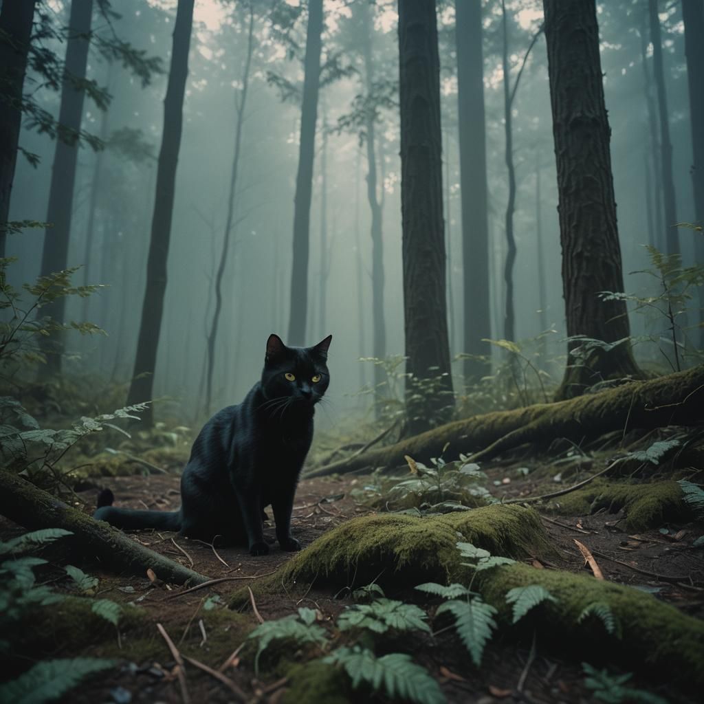 Glossy Black Cat in Moody Forest