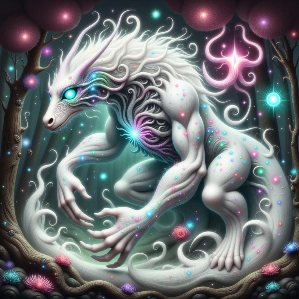 Ethereal White Monster Foo in Iridescent Forest