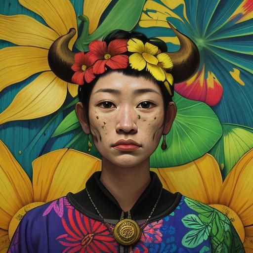 Gauguin-Style Hyperrealistic Cow in a Vibrant Floral Landsca...