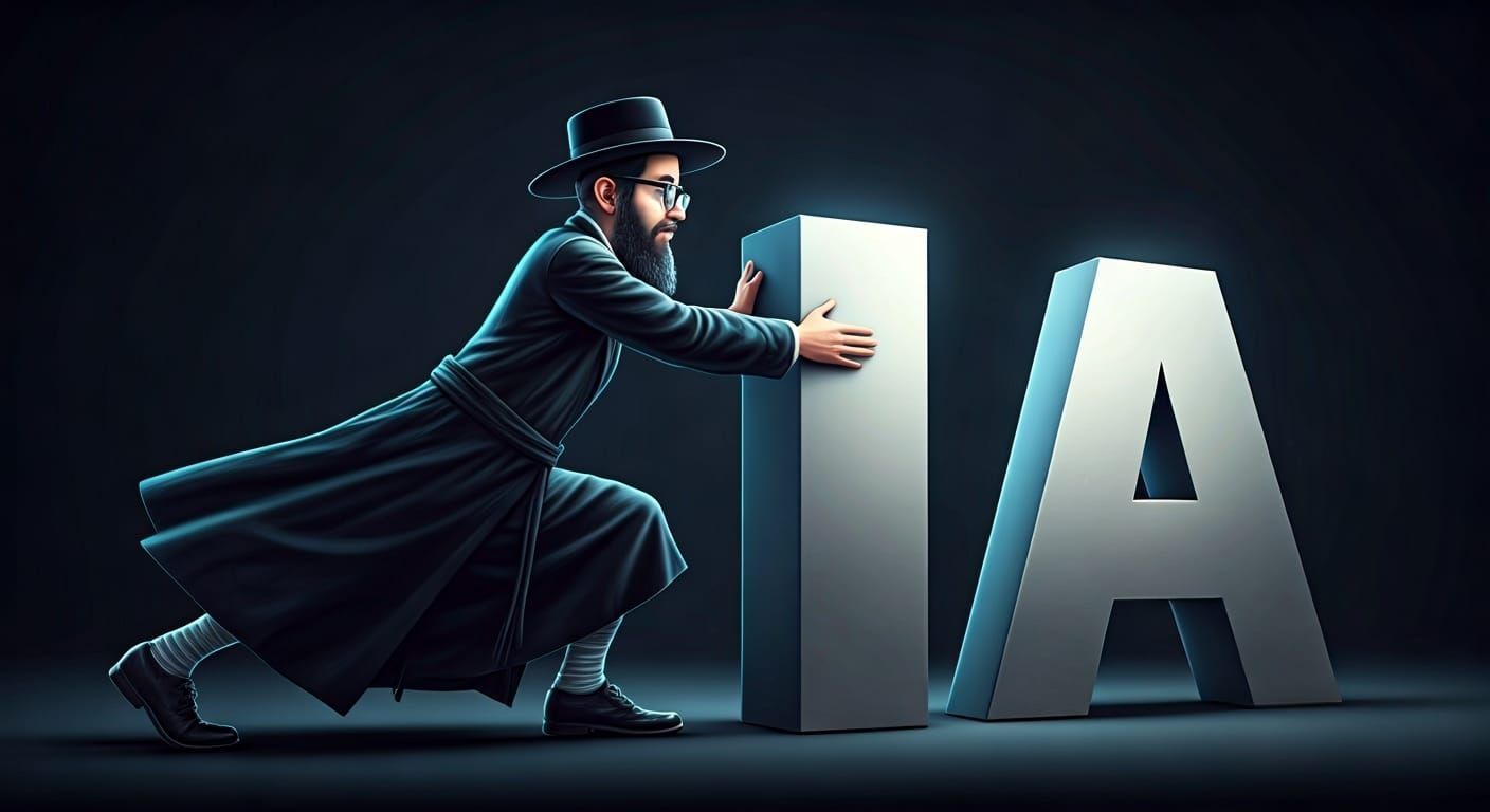 Hasidic Man Pushing Giant Metallic Letter in Comic Style
