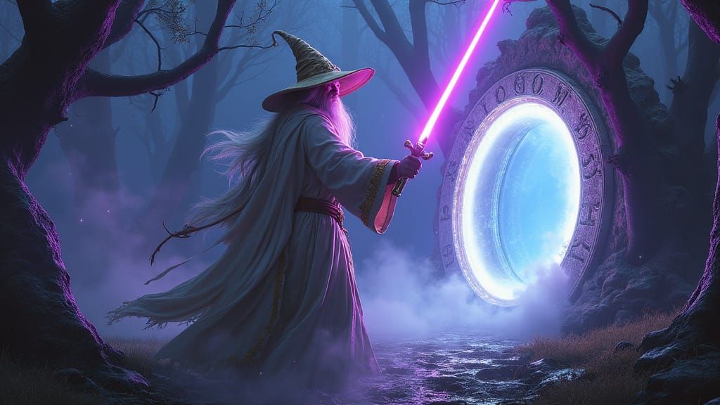 Gandalf with Lightsaber in Mystical Forest