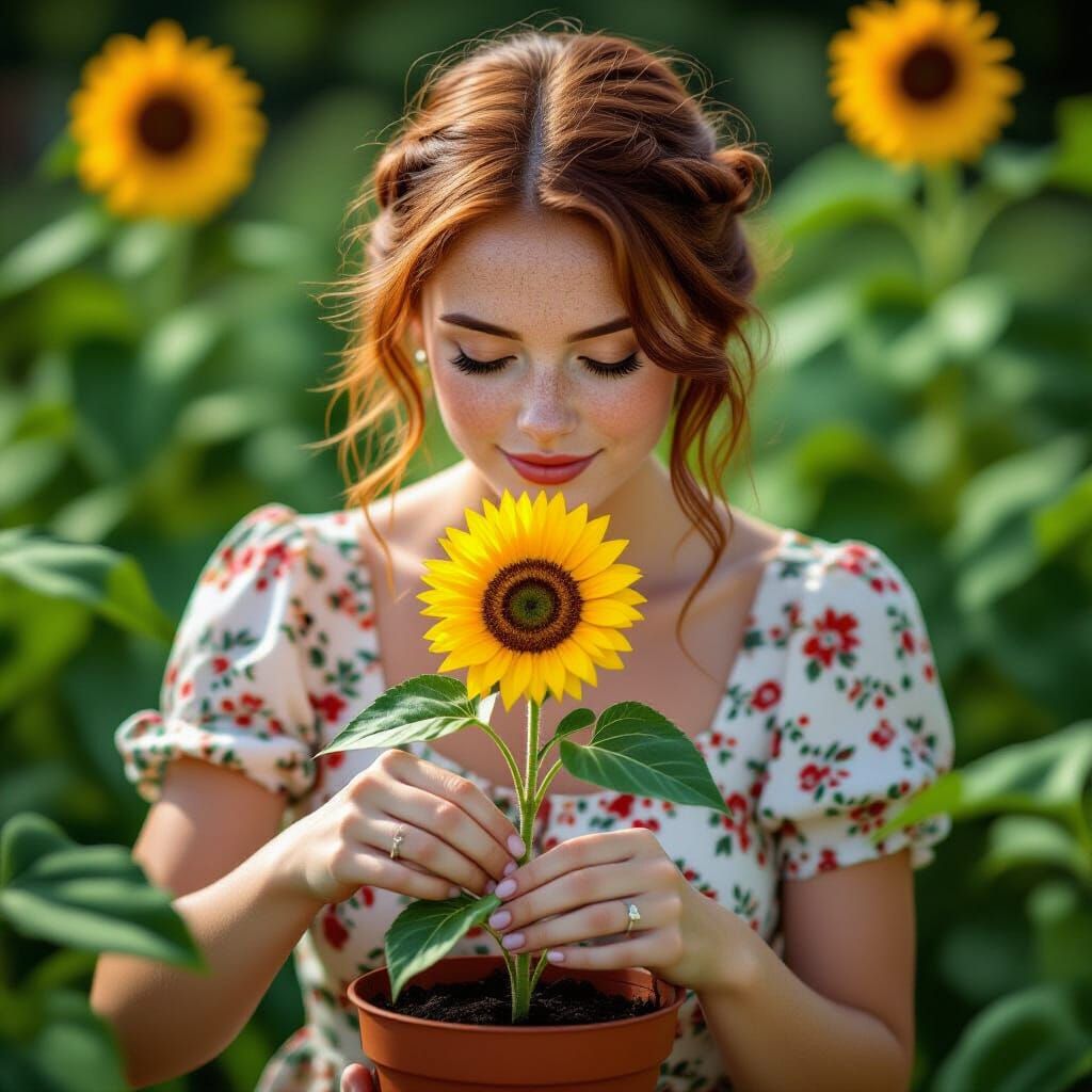 Woman Planting Sunflower with Eyes Closed