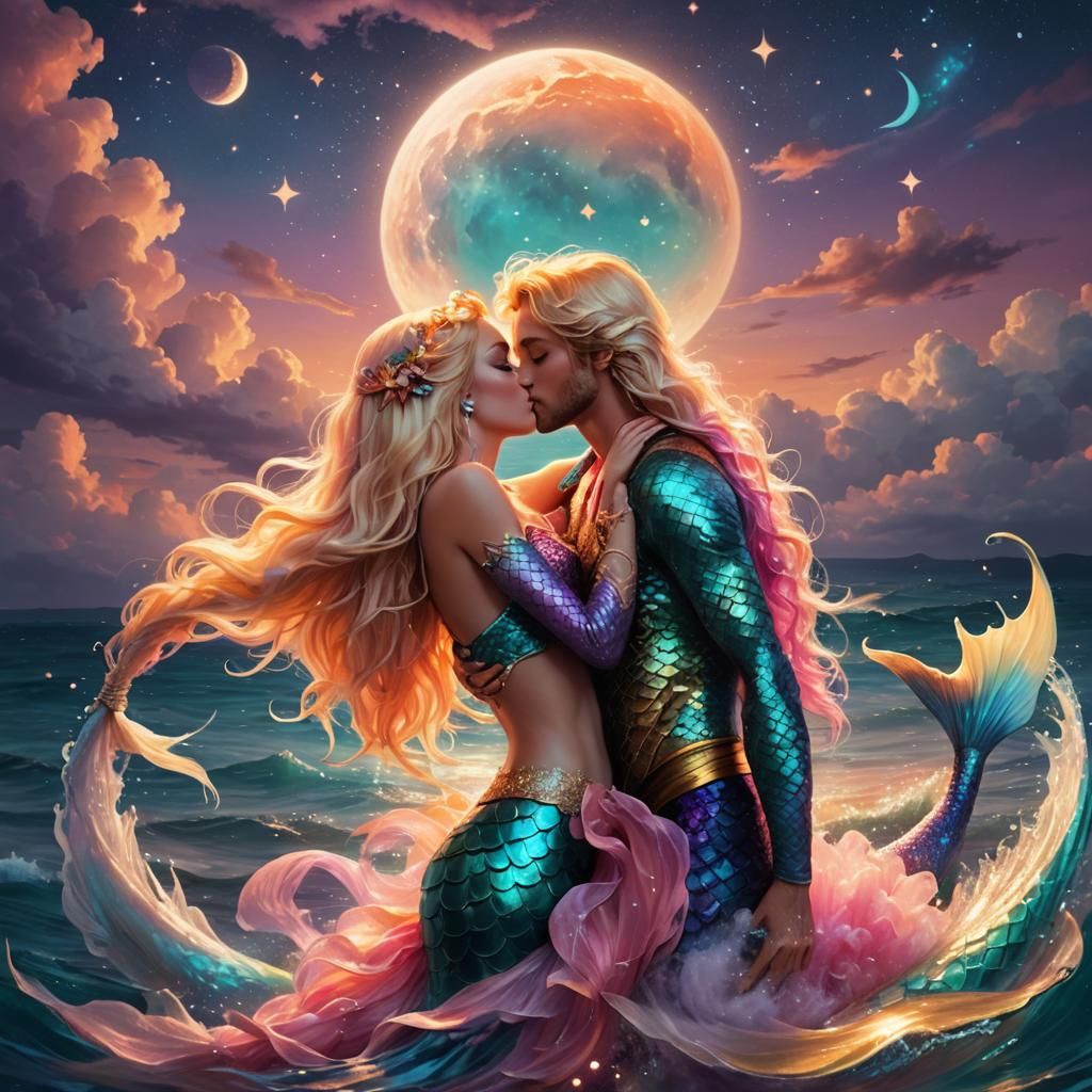 Romantic Mermaid and Merman Kissing in Golden Sunset Scene
