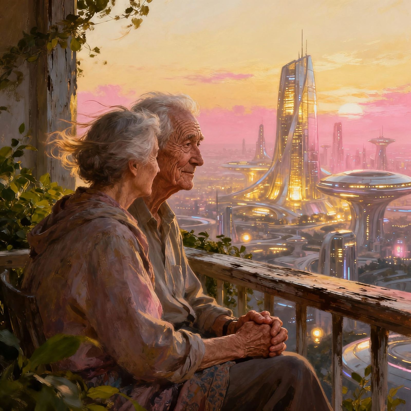 Couple's Serene Moment Overlooking Futuristic City at Sunset