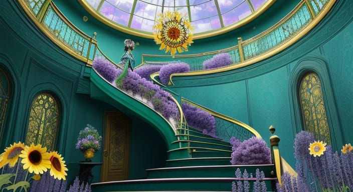Surreal Mansion Garden with Winding Staircase