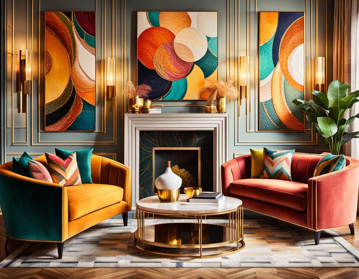 Vibrant Art Deco Living Room Furniture Set in Warm Light