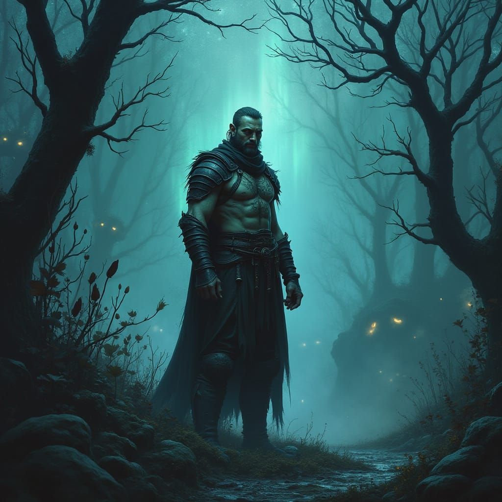 Warrior in Twilight Garden: Dark Fantasy Concept Art