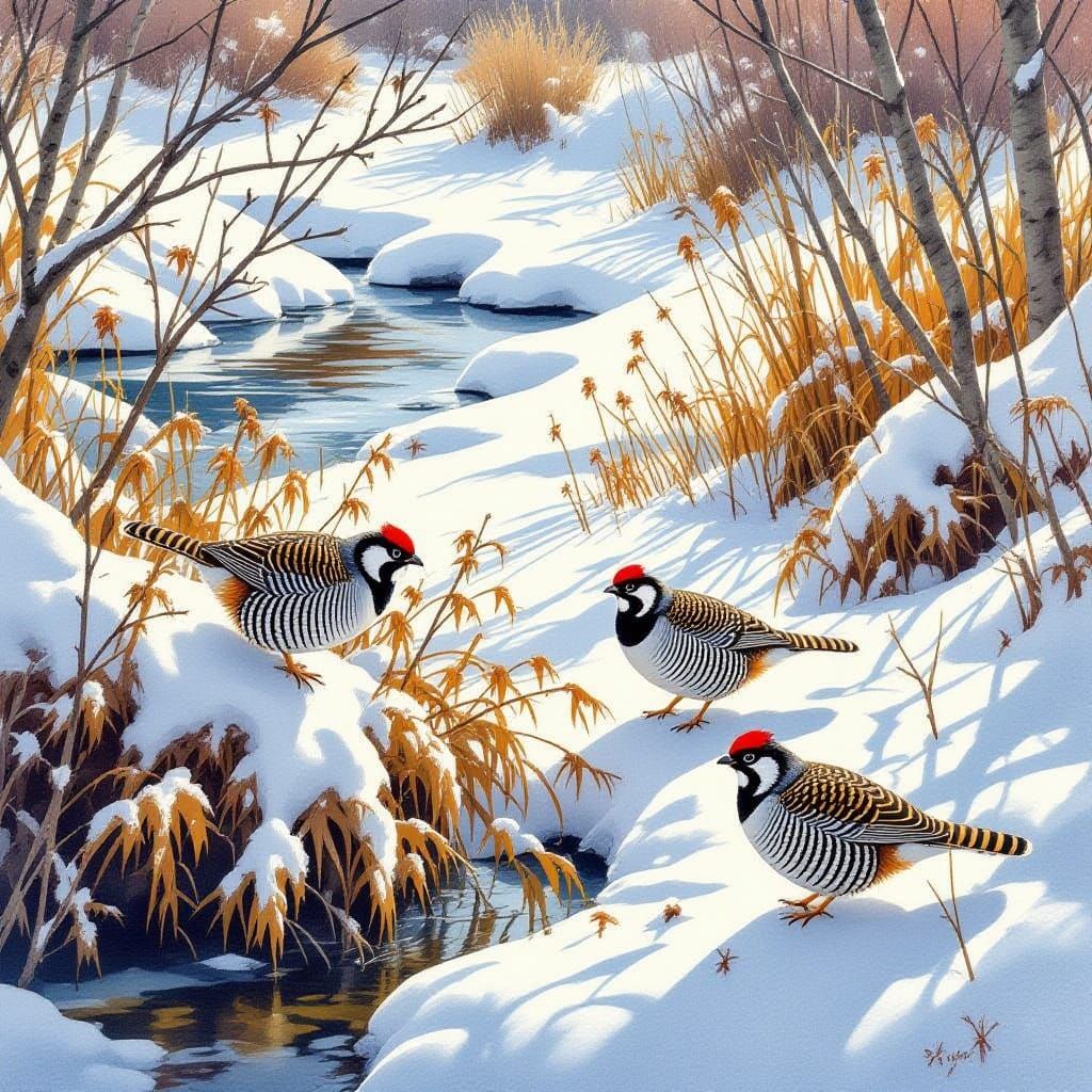 Foraging game birds in winter (HiDream)