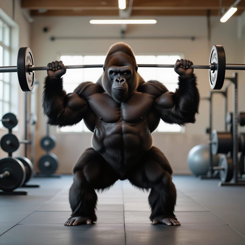 Mighty Gorilla Lifting Weights in Hyperrealistic Style