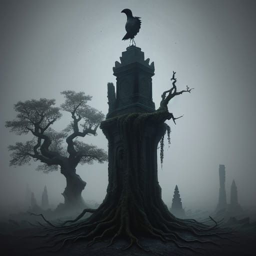 Mysterious Crow Demon in a Haunting, Moonlit Landscape