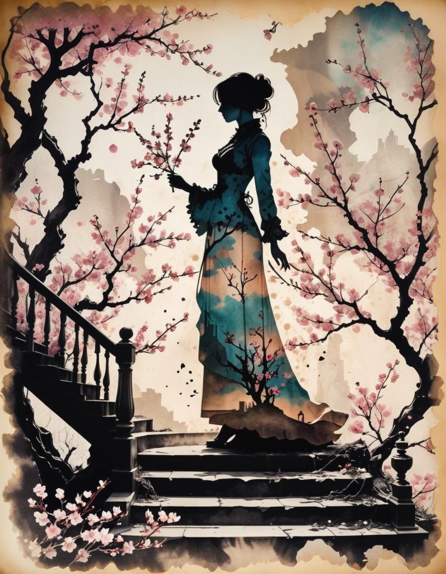 Steampunk Lady Tends Flowers on Celestial Staircase