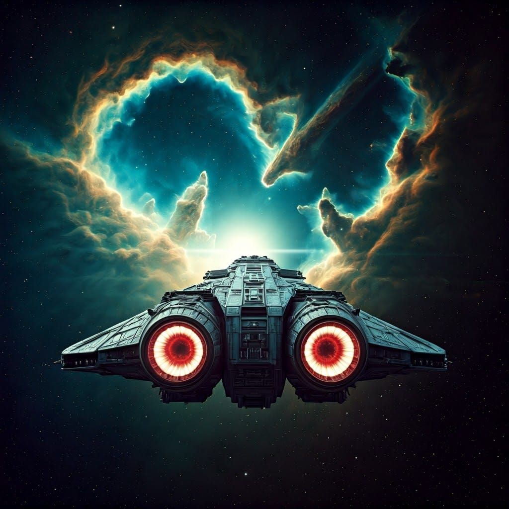 Science Fiction Scout Ship Approaches Majestic Heart Nebula