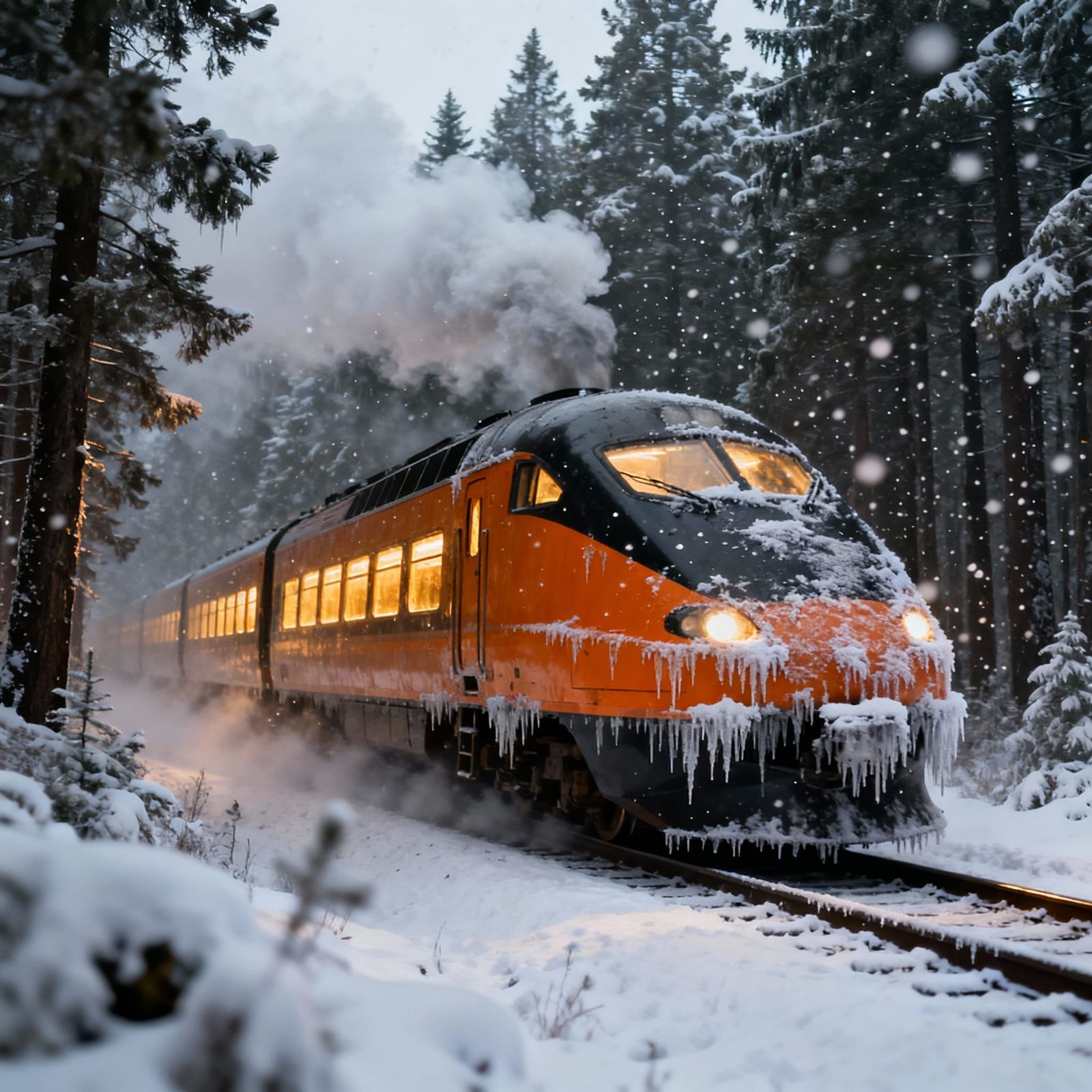 Orange & Black Bullet Train Through Snowy Forest